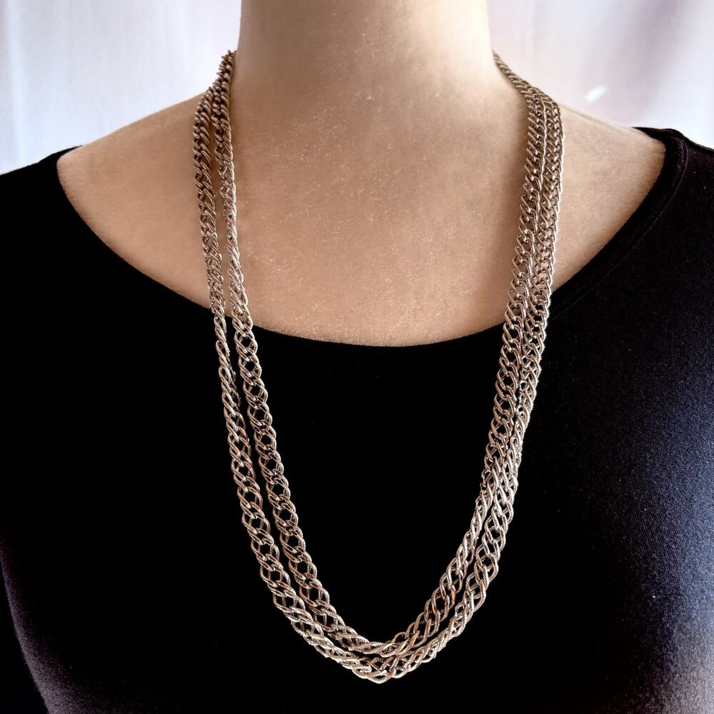 Vintage Monet Silver-tone Curb Chain Necklace Heavy 54" Long